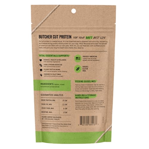Vital Essentials Freeze Dried Dog Treats | Rabbit Bites, Single Protein | Premium Quality | Grain Free Training Treats for Dogs, 2 oz Bag