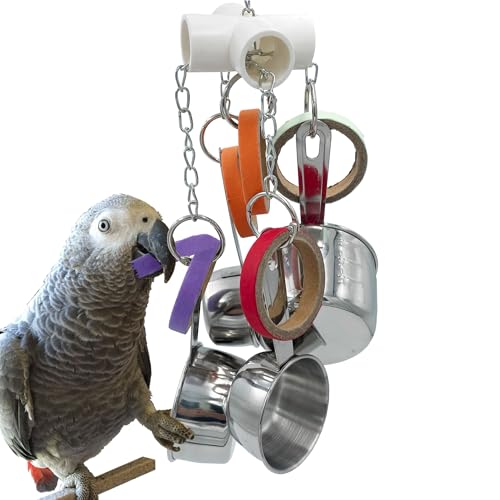 Durable Bird Parrots Pots and Bagel Toys, Pullable Stainless Steel Cup and Cardboard Ring Toys for s Mini Macaws African Greys Cockatoos Eclectus