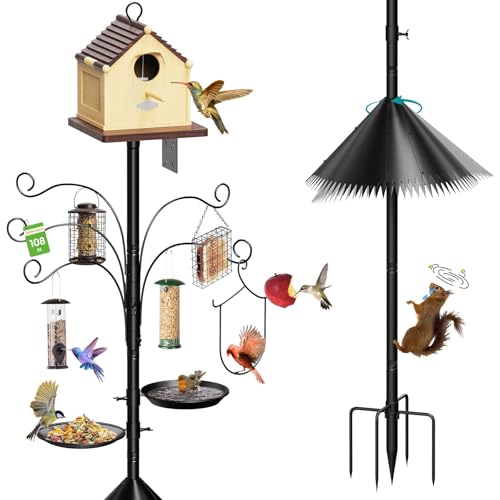 108 Inch Bird Feeder Pole Squirrel Proof, Heavy Duty Bird House Pole, Adjustable Bird Feeder Stand with 5 Shepherds Hooks, 2 Mental Trays