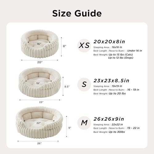 Bedsure ComfyFleece™ Cat Bed, Washable Round Cute Pet Beds for Indoor Cats, Super Soft Corduroy Kitten Bed with Anti-Slip Bottom, 20''x20''x8'', Cream