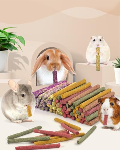 Bissap 72 PCS Rabbit Chew Sticks, Natural Timothy Hay Pumpkin Sugar Beet Carrot Strawberry Rose Dahlberg Daisy Forget-me-not Flower Treat for Bunny