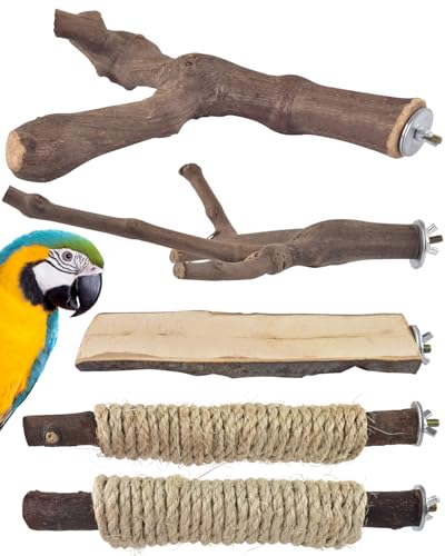 Bissap 5PCS Large Bird Perch Stand, Natural Wood Pole Standing Paw Grinding Fork Parrot Cage Branch with Rope for Macaw African Grey  Pet Medium
