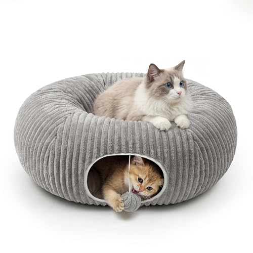 Cat Tunnel Bed for Indoor Cats, Peekaboo Cat Cave Bed,Soft Cat Donut Tunnel for Kitten Large Cats, Grey
