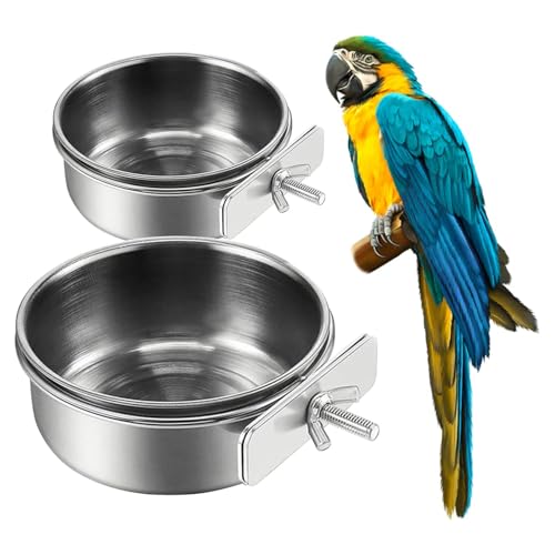 2Pcs Stainless Steel Bird Feeding Bowls, Small Bird Feeding Cup, Stainless Steel Parrot Food Bowl Cage with Holder, Parrot Cage Water Feeder, Pet