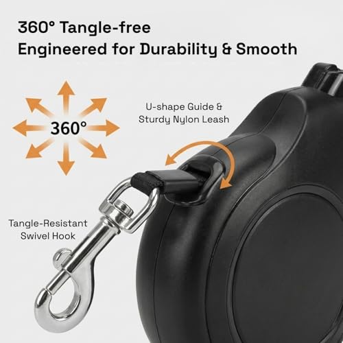 26ft Retractable Dog Leash for Large Dogs up to 110 lbs, with Waste Bag Dispenser, 8m Durable Strong Nylon Tape, 360° Tangle-Free, One-Handed