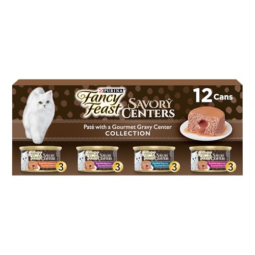 Purina Fancy Feast Savory Centers Wet Cat Food Pate Variety Pack With Chicken, Salmon, Beef, and Tuna Pate with Gravy Center - (2 Packs of 12) 3 oz.