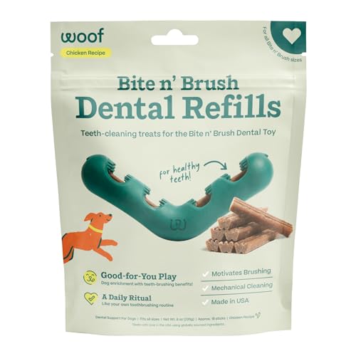 WOOF - Bite n' Brush Refills Treats for the Dog Toothbrush Toy - Scrub Plaque and Tartar from Your Dog's Teeth and Mouth - Dog Dental Sticks - 18