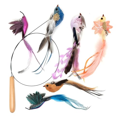 miwoowim Interactive Cat Toys for Indoor Cats - 35'' Steel Wire and 6PCS Feather Bird Refills,Teaser Toy,Cat Wand Toy,Feathers & Bells, Realistic