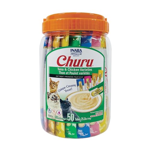 INABA Churu Cat Treats, Lickable, Squeezable Creamy Purée Cat Treat with Green Tea Extract & Taurine, 0.5 Ounces Each Tube, 50 Tubes, Tuna & Chicken
