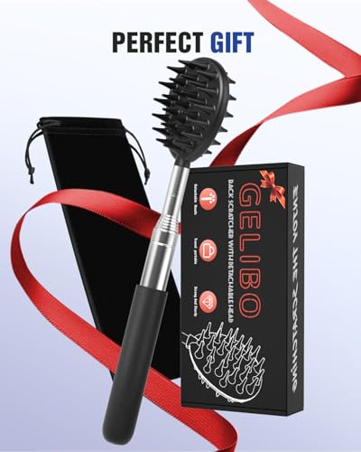 Gelibo Telescoping Large Back Scratcher with 5 Detachable Heads,Rubber Handles Gifts for Him, Gifts for Men, Extendable Back Massager Tool with