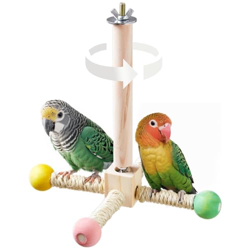 Bird Stand Perch Toy, Interactive Spinning Parakeet Toys, Wooden Exercise Wheel Parrot Toy, Enrichment Cockatiel Toy for Birds Cage, Bird Cage