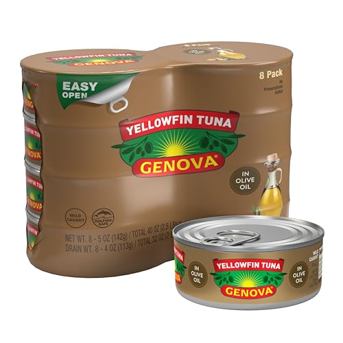 Genova Premium Yellowfin Tuna in Olive Oil, 5 Ounce Cans, 8-Pack – Nutrient Rich, High Protein Canned Tuna Fish - Delicious, Easy, Nutritious Ready
