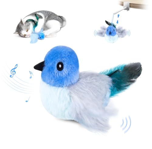 Migipaws Interactive Flapping Bird Cat Toys with Rod, clamp, Elastic String and Catnip, Automatic Chirping Toys for Indoor Cats to Chase, Hanging