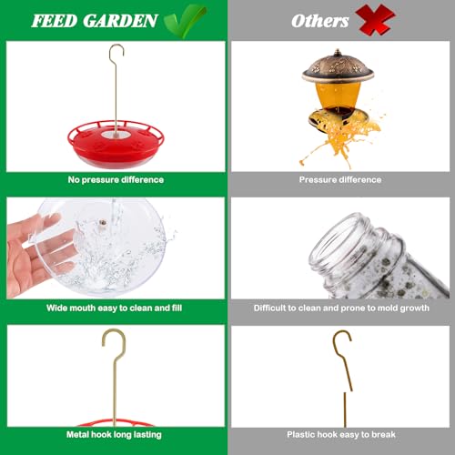 FEED GARDEN Hummingbird Feeders for Outdoors, 2 Pack 16oz Leak-Proof Dish-Style Nectar Feeder Built-in Ant Moat, 5 Feeding Ports, Wide Mouth Easy