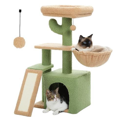 PETEPELA Cactus Cat Tree for Indoor Cats, 32'' Small Cat Tower Cat Condo with Sisal Scratching Ramp, Cozy Hammock and Removable Top Bed Perch for