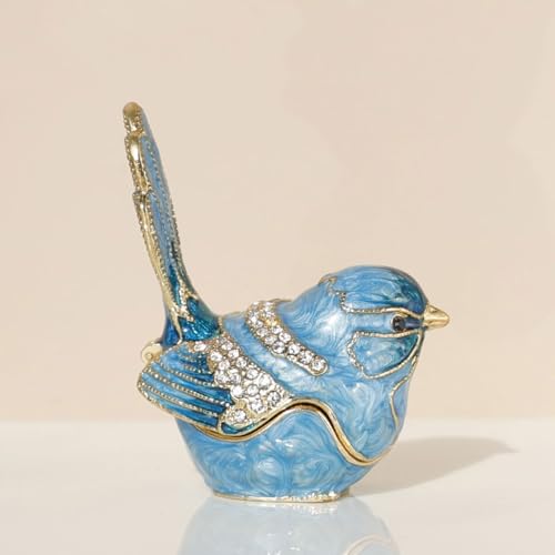Exquisite Hand - Painted Enamel Blue Bird Trinket Box Hinged Rhinestone - Adorned Mini Jewelry Organizer for Rings & Necklaces, Ideal Classical Home
