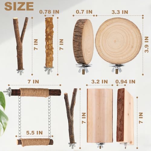 7-Piece Bird Perches for Cage- Wooden Parrot Stand with Fork Toys, Hanging Multi-Branch Platform, Hammock Swing, Gym Playstand & Chewing Toys - for