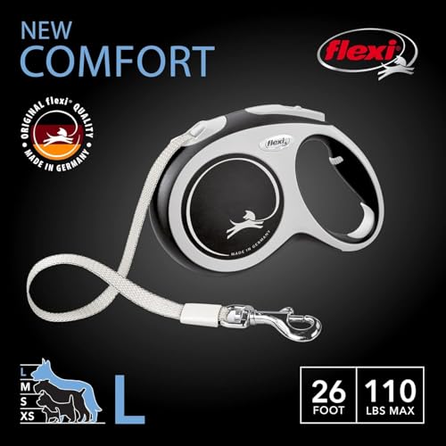 FLEXI® New Comfort Tape Retractable Dog Leash for Large Dogs Upto 110 lbs. – 26 ft., Nylon, Grey/Black| Tangle Free Pet Walking Leash with One-Handed