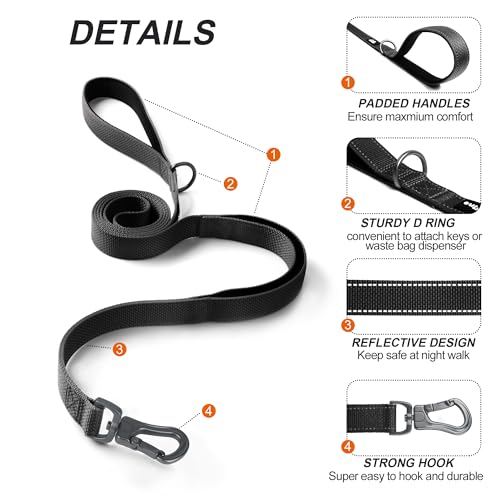 TwoEar 6FT 1IN Strong Black Dog Leash with 2 Padded Handles, Traffic Handle Extra Control, Comfortable Soft Dual Handle, Auto Lock Hook, Reflective