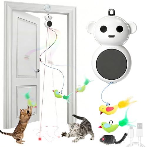 Interactive Cat Toys for Indoor Cats - 2 in 1 Automatic Laser Pointer Cat Toy with Flying Bird，Smart Moving Wand Toy with 2 Modes, Doorway Hanging