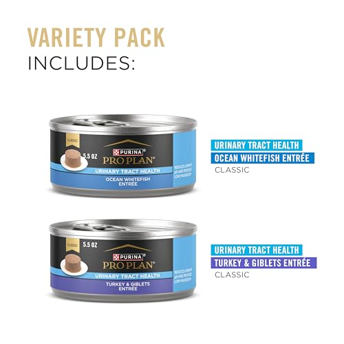 Purina Pro Plan Urinary Tract Health Pate Cat Food Variety Pack, Turkey and Giblets, and Ocean Whitefish Entrees - (Pack of 12) 5.5 oz. Cans
