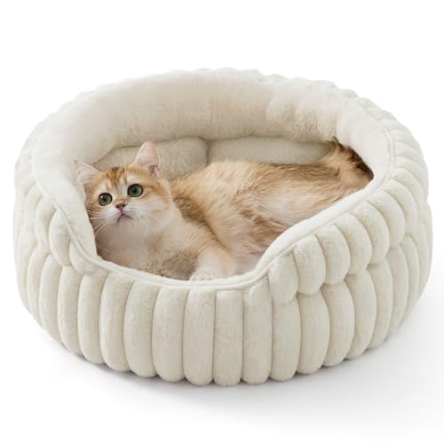 Bedsure ComfyFleece™ Cat Bed, Washable Round Cute Pet Beds for Indoor Cats, Super Soft Corduroy Kitten Bed with Anti-Slip Bottom, 20''x20''x8'', Cream