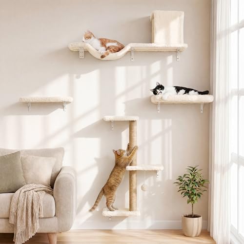 FUKUMARU Cat Wall Shelves, Stable & Safe 5 in 1 Cat Walls Furniture Set, Wooden Kitten Climbing Wall with Scratching Post for 16 Inch Drywall - Beige