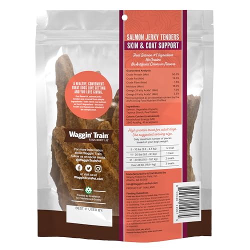 Waggin' Train Salmon Jerky Dog Treats for Skin and Coat Support, Made with 100% Real Salmon, No Grains and No Artificial Flavors or Colors, High