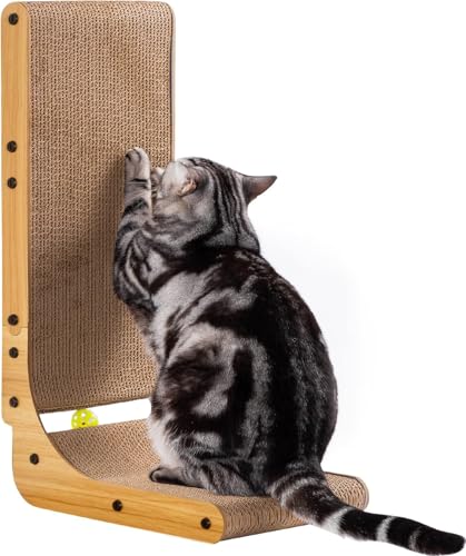 Poils bebe L Shape Cat Scratcher, 26.8 Inch Cat Scratchers for Indoor Cats, Protecting Furniture Cat Scratch Pad, Cardboard Cat Scratching with Ball