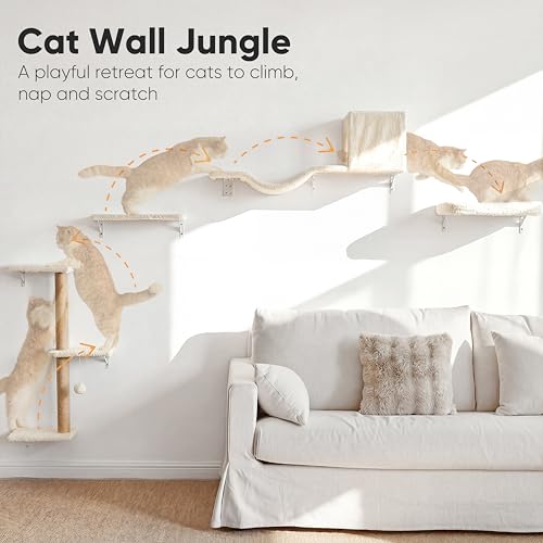 FUKUMARU Cat Wall Shelves, Stable & Safe 5 in 1 Cat Walls Furniture Set, Wooden Kitten Climbing Wall with Scratching Post for 16 Inch Drywall - Beige