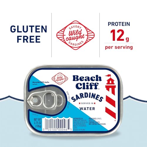 Beach Cliff Sardines in Water, 3.75 oz Can (Pack of 12) - Wild Caught Sardines - 12g Protein per Serving - Gluten Free, Keto Friendly