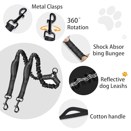 Durable Double Dog Leash Two Dog Leash No Tangle with Padded Handles & Reflective Strips for Medium Large Dogs, Comfortable Shock Absorbing Bungee
