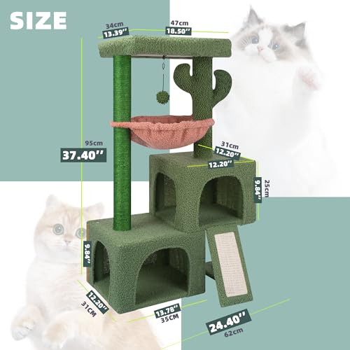 AIWIKIDE 37.4" Cactus Cat Tree Tower with Twin Cat Condos for Indoor Cats, All-in-One Activity Center with Cat Scratching Post Cozy Sleeping Perch