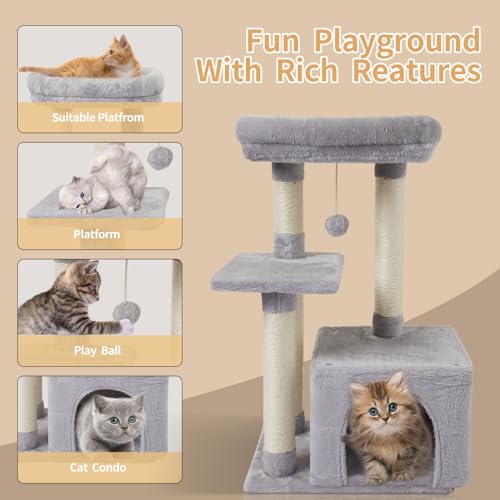 FISH&NAP Cute Cat Tree Kitten Cat Tower for Indoor Cat Condo Sisal Scratching Posts with Jump Platform Cat Furniture Activity Center Play House Grey