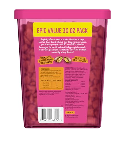 Bonkers Bites Paw Lickin Grain-Free Chicken Crunchy Cat Treats, 30 oz tub