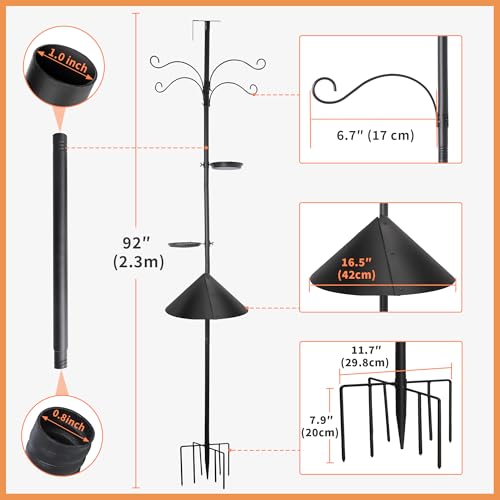 eWonLife 92 Inch Squirrel Proof Bird Feeder Pole with 9 Prongs Base, 1 Inch Dia Bird House Pole, Heavy Duty Bird Feeder Stand, Adjustable Shepherds