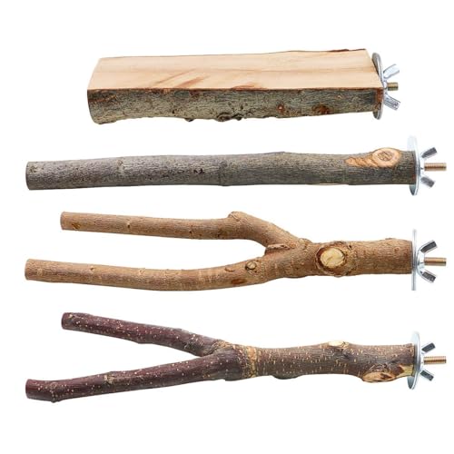 BILLIOTEAM 4 Pack Natural Wood Bird Perch Parrot Stand Branches Fork Toys,Pet Bird Cage Wooden Hanging Perch Platform Hammock Swing Toy for Small