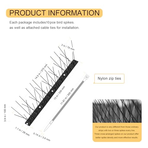 OFFO Black Pre-Assembled Bird Spikes, 304 Stainless Steel Pigeon Spikes for Outside, Cover 10.8 Feet, Easy Installation for Balcony, Roof, Window