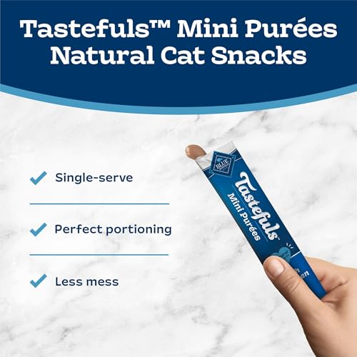 Blue Buffalo Tastefuls Mini Purées Natural Cat Treats, Chicken, Tuna, Salmon Variety Pack, 0.5 oz. Single Servings, 24-Count