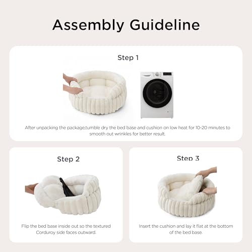 Bedsure ComfyFleece™ Cat Bed, Washable Round Cute Pet Beds for Indoor Cats, Super Soft Corduroy Kitten Bed with Anti-Slip Bottom, 20''x20''x8'', Cream