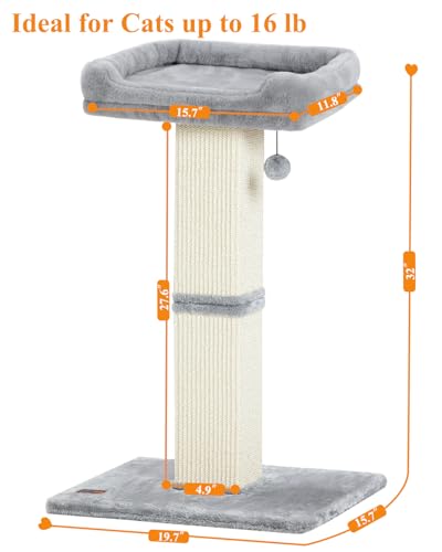 Karolpar 32" Cat Scratching Post for Indoor Cats, Sisal Cat Scratcher with Plush Perch, Large Scratch Post with Bed, Removable Cover, Sisal