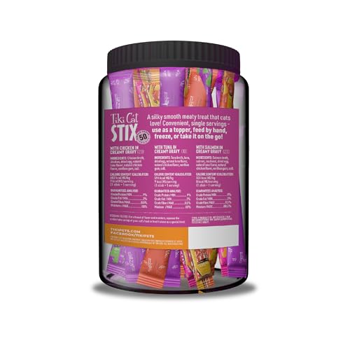 Tiki Cat Stix Mousse Treats, Variety Mega Jar, Single Serve Indulgent Lickable Treat or Dry Food Topper, 50 Count, 25 oz. (0.5 oz./Stick)