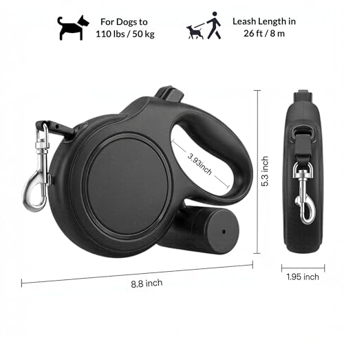 26ft Retractable Dog Leash for Large Dogs up to 110 lbs, with Waste Bag Dispenser, 8m Durable Strong Nylon Tape, 360° Tangle-Free, One-Handed