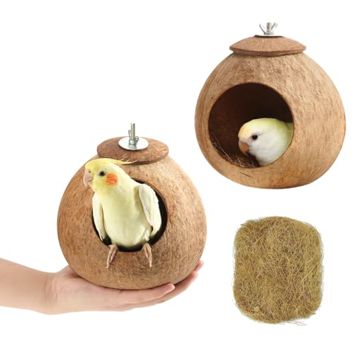 Bird Nest for Cage Natural Coconut Shell Birds House 2 Pack Parakeet Hide Breeding Hut Bird Cage Accessories & Decor Hamster Toys for Parrot