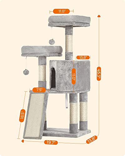 Feandrea Cat Tree, 45.3-Inch Cat Tower, Plush Condo with Scratching Post, Ramp, Perch, Spacious Cave, for Small Space, Light Gray UPCT141W01