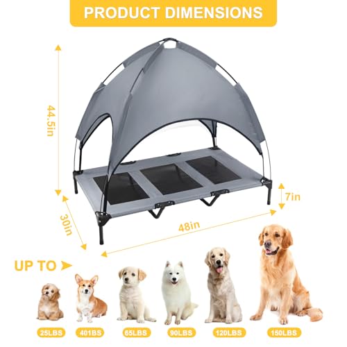 Elevated Dog Bed with Canopy, 48-inch Waterproof Pet Cot, Portable Outdoor Pet Bed with Carry Bag, Indoor/Outdoor Cooling Canopy Dog Tent for Large