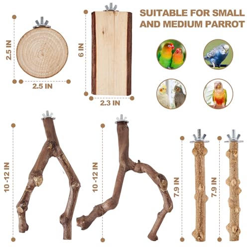 6-Piece Bird Perch Set - Natural Wood Grape Sticks, Paw Grinding Forks, Bird Stand & Toys for Parakeets, Cockatiels, Conure, Budgies