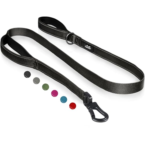 TwoEar 6FT 1IN Strong Black Dog Leash with 2 Padded Handles, Traffic Handle Extra Control, Comfortable Soft Dual Handle, Auto Lock Hook, Reflective