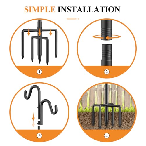 76" Double Hooks Heavy Duty Adjustable Bird Feeder Pole with Sturdy 5-Prong Base, Height Adjustable Shepherds Hook for Hanging Feeders, Plants, Solar