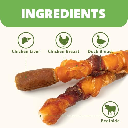 MON2SUN Dog Treats, Triple Flavor 6 Inch Chicken Liver Duck and Chicken Wrapped Rawhide Sticks, Teeth Cleaning Snacks for Medium Dogs, 17.6 oz (10
